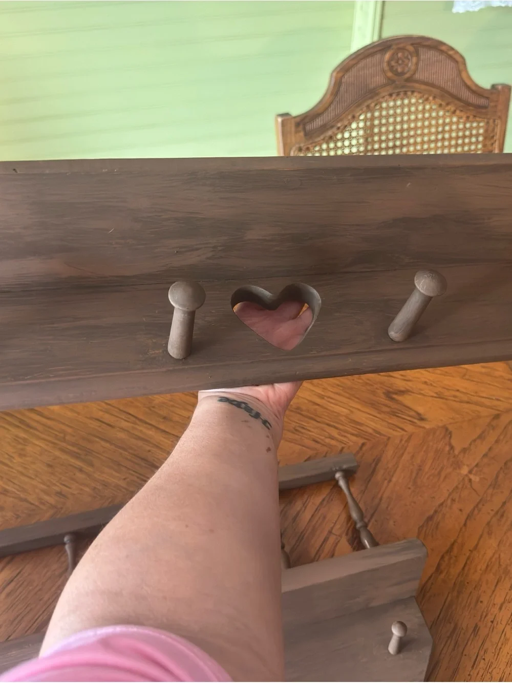 Brown Wooden Heart Wall Shelf with Hooks - Brand